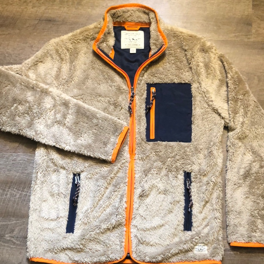 AMERICAN EAGLE TAN SHERPA MEN’S FLEECE JACKET MEDIUM ORANGE TRIM